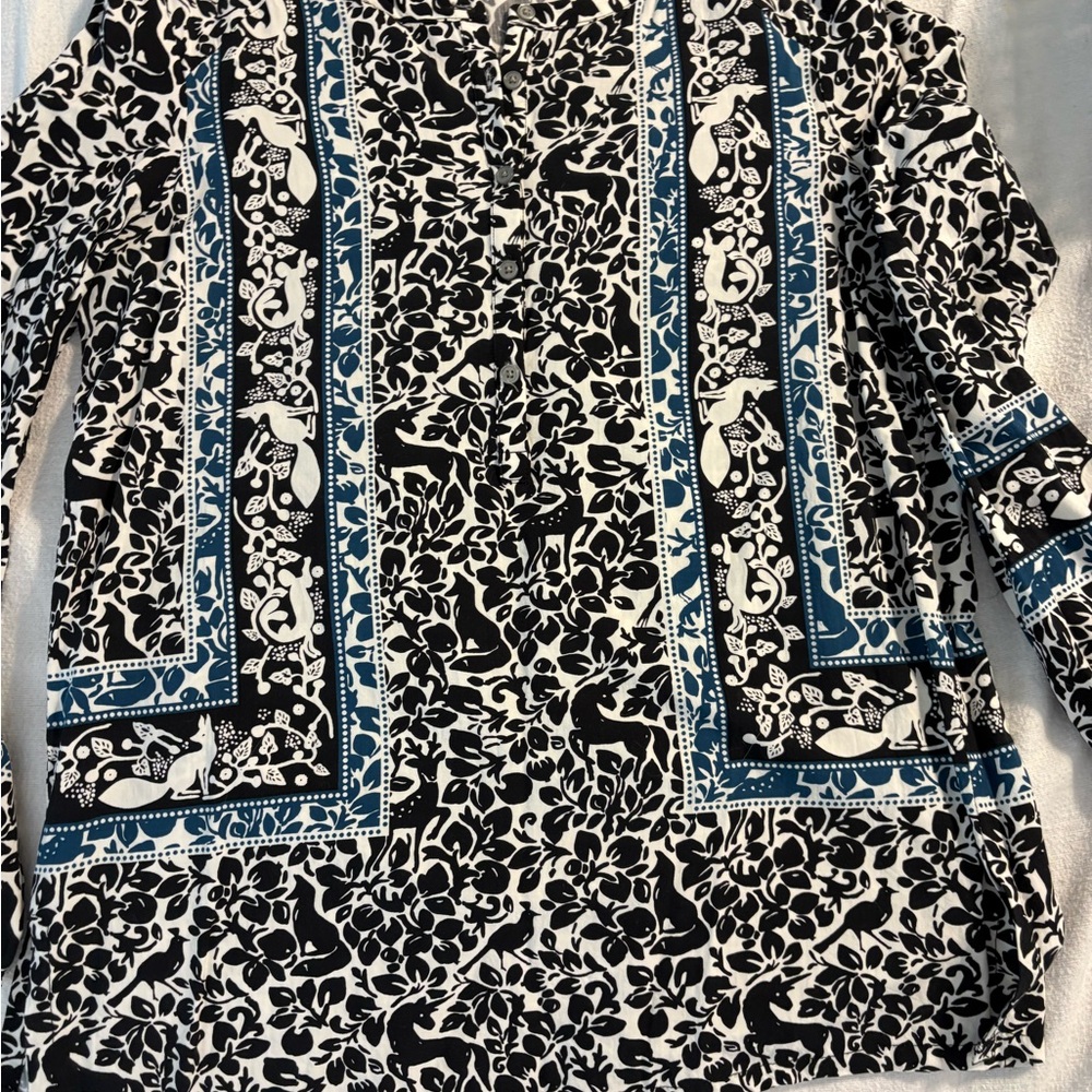 Black and White Floral Tunic with Blue Accents